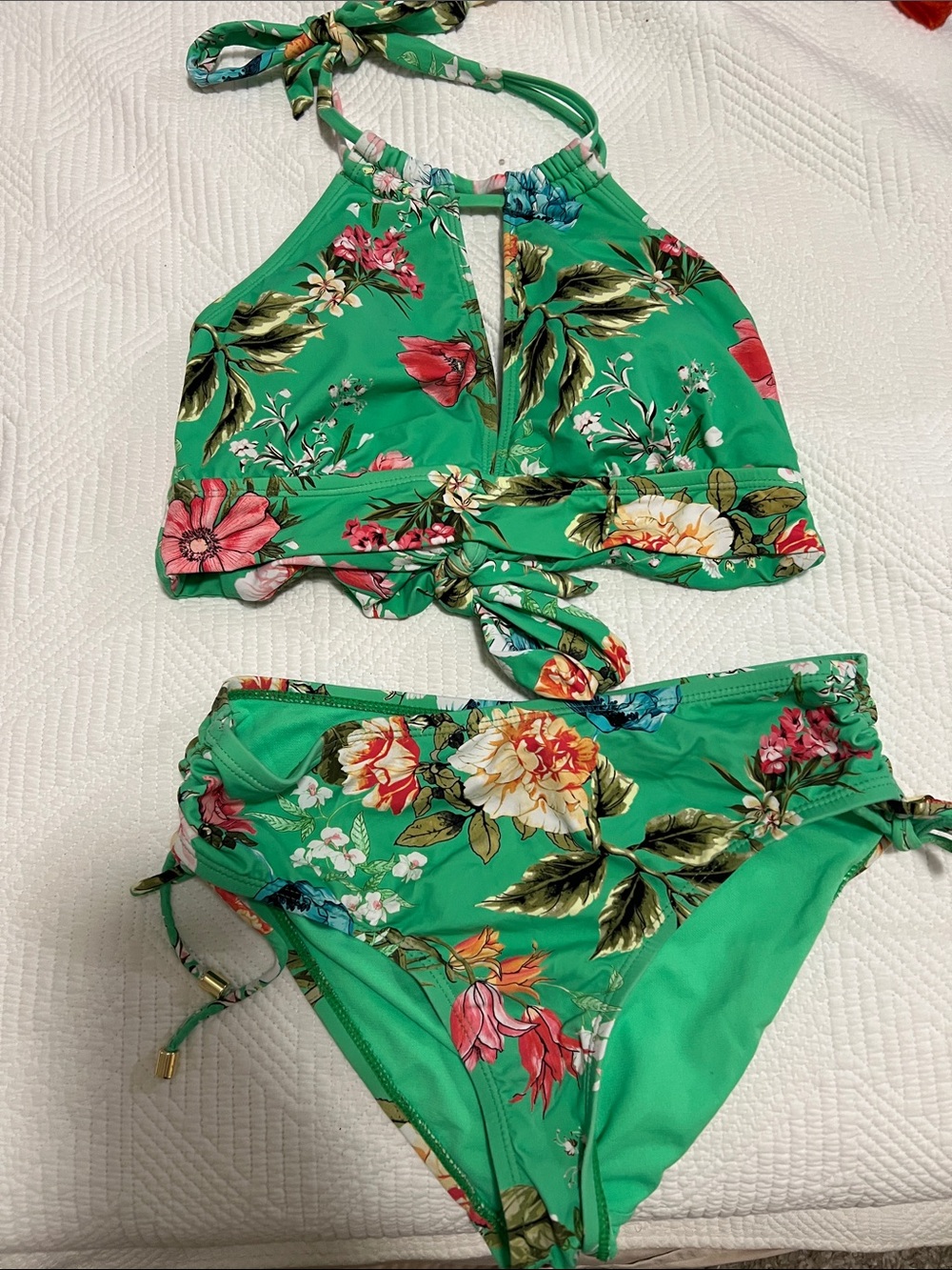 Green Floral High Neck Halter Bikini Set